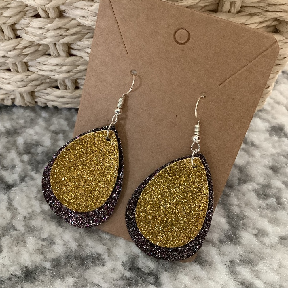 Layered Tear drop earrings gold glitter multi colored special occasion
